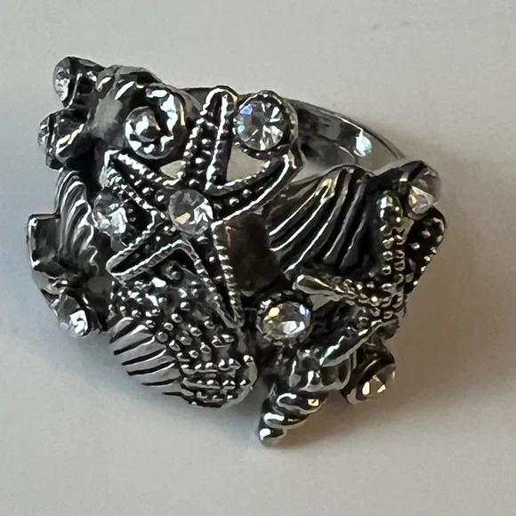 Seashell Beach Motif Silver Tone with rhinestones Ring sz 7 - Picture 8 of 12